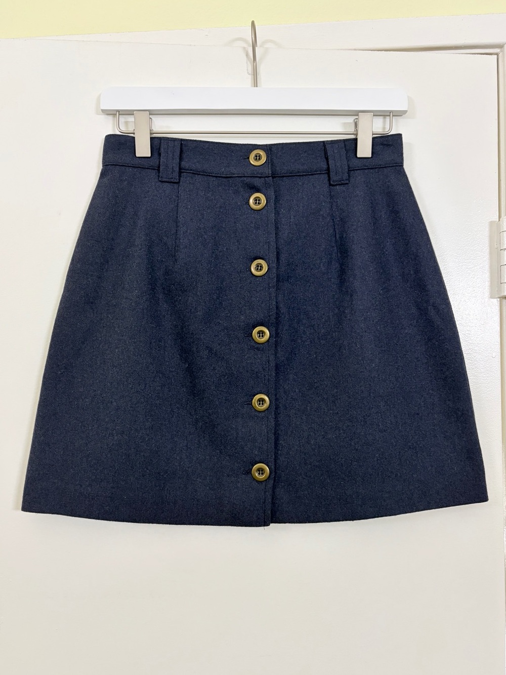 Vintage Benetton Wool Mini Skirt Navy Button Front A-Line Mod Made Italy US 6